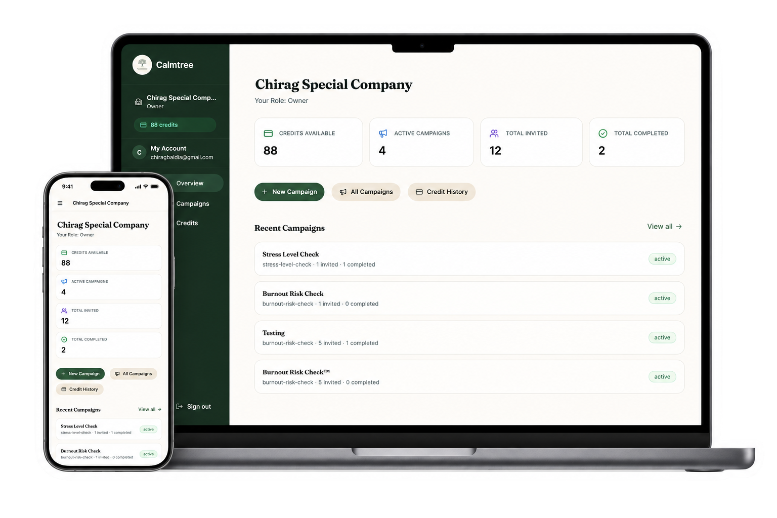 Calmtree organization dashboard shown on a laptop and phone — team credits, active campaigns and recent wellbeing checks.